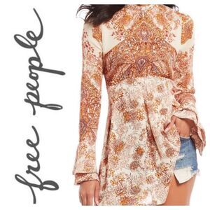 Free People Cream & Rust Paisley Long-Sleeve Tunic Top